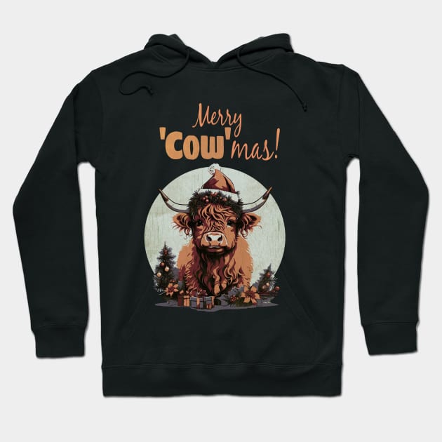 Highland Cow Christmas Merry and Bright, Scottish, Cow Xmas Farmer, Christmas sweater with cute Highland Cow Hoodie by Collagedream